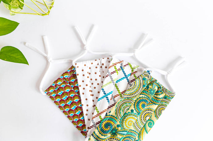 Four cotton cloth face masks, Polka Dots, Green Paisley, Ropes, Peacock patterns