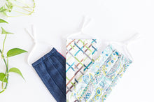 Charger l&#39;image dans la galerie, Three cotton cloth face masks, Blue Denim, Green Paisley, Ropes patterns
