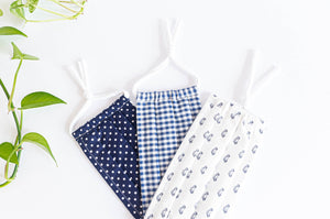 Three cotton cloth face masks, Blue Checks, Cars, White Dots on Navy Ground