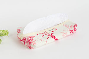 12 white cotton handkerchiefs in a cotton dispenser box with a Toile de Jouy pattern 