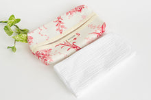 Load image into Gallery viewer, 12 white cotton handkerchiefs next to a cotton dispenser box with a Toile de Jouy pattern
