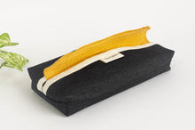 Load image into Gallery viewer, 12 cotton hankies colour Ocre with a Black Denim dispenser box
