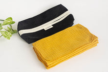 Load image into Gallery viewer, 12 cotton hankies colour Ocre with a Black Denim dispenser box
