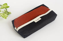 Load image into Gallery viewer, 12 cotton hankies colour Brick with a Black Denim dispenser box
