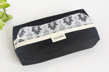 Load image into Gallery viewer, 12 cotton hankies white ground with a Grey pattern with a Black Denim dispenser box
