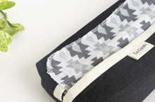 Load image into Gallery viewer, 12 cotton hankies white ground with a Grey pattern with a Black Denim dispenser box
