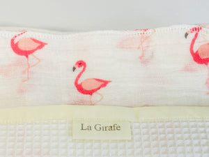 Closeup of Pink Flamingo handkerchiefs in a white cotton waffle box