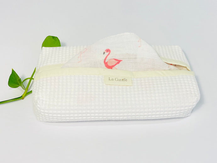 One white cotton box with Pink Flamingo patterned handkerchiefs