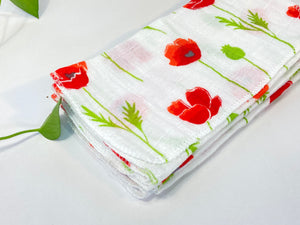 12 cotton hankies with Red Poppy Flower pattern
