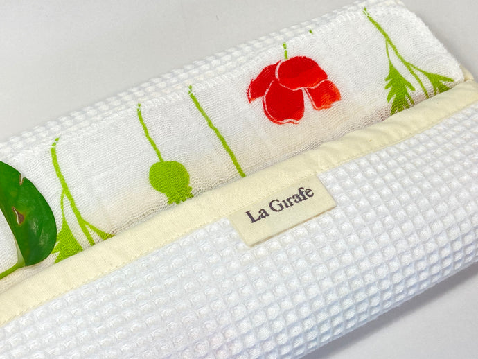 Set of 12 cotton hankies with Red Poppy Flower pattern and a white box in waffle cotton