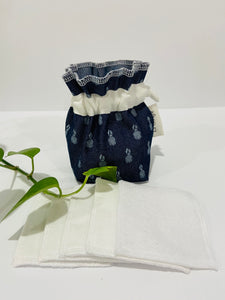 One Pouch made of Denim with Pineapple pattern with a stack of white makeup remover pads