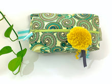 Charger l&#39;image dans la galerie, Top view of rectangular Cosmetic bag with Green Paisley printed pattern and Yellow Pompon
