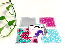 Load image into Gallery viewer, 5 Assorted makeup remover pads with 5 printed patterns in colors Pink and Blue and Grey
