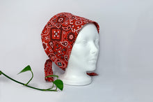 Load image into Gallery viewer, Right view of Red Western Paisley Scrub Cap
