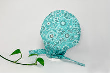 Load image into Gallery viewer, Back view of Aqua Western Paisley Scrub Cap
