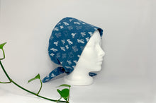 Load image into Gallery viewer, Right side view of Women cotton scrub cap Whit Cactus Pattern printed on Blue
