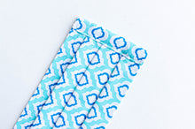 Load image into Gallery viewer, Closeup of Pleated face mask in Aqua printed pattern
