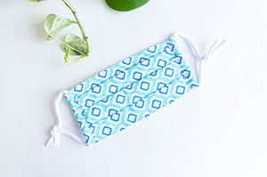 Pleated face mask in Aqua printed pattern