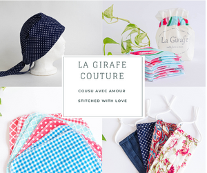 Photos of scrub cap, towels, face maks and makeup remover pads all made by La Girafe Couture