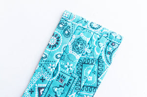 Closeup of Face mask Aqua Paisley print