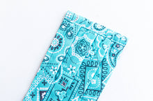 Load image into Gallery viewer, close up of a face mask in Aqua paisley print
