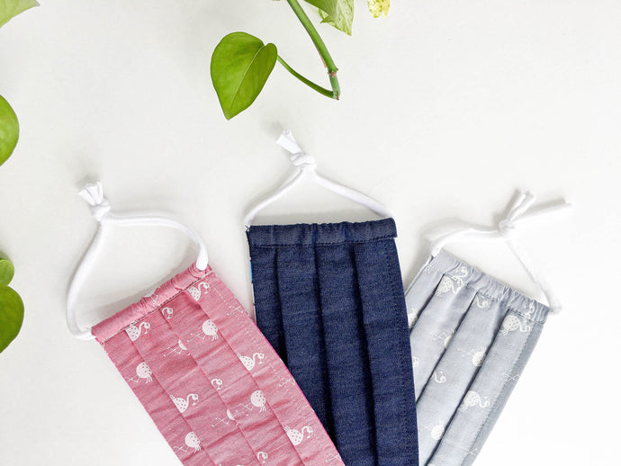 Closeup of Three face mask one Pink with White Flamingo one Blue Denim, one Grey with White Flamingo