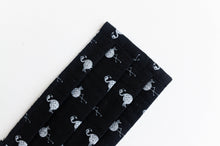 Load image into Gallery viewer, Closeup of face maks with Black ground and White Flamingo print
