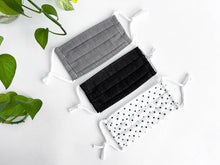 Load image into Gallery viewer, Three face masks of Black and White Polka Dots Stripes and Denim
