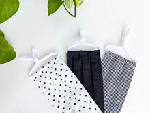 Load image into Gallery viewer, Close up of Three face masks of Black and White Polka Dots Stripes and Denim
