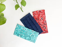 Load image into Gallery viewer, Three face mask, one Denim fabric, one Red Paisley print and one Aqua Paisley print
