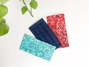 Three face mask, one Denim fabric, one Red Paisley print and one Aqua Paisley print