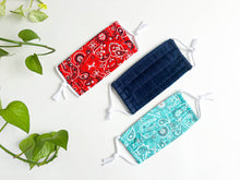 Load image into Gallery viewer, Three face mask, one Denim fabric, one Red Paisley print and one Aqua Paisley print
