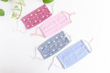 Load image into Gallery viewer, four face masks one Blue Stripes one Grey Famingo one Pink Stripes one Pink Flamingo
