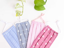 Load image into Gallery viewer, Closeup of four face masks one Blue Stripes one Grey Famingo one Pink Stripes one Pink Flamingo
