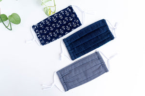 Three face masks one Silver Anchors on Navy one Blue Denim one Silver Squares on Navy