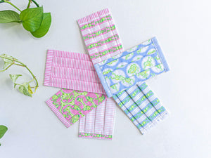 Six face masks of 2 Pink Stripes and 4 Frogs prints
